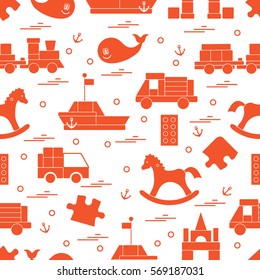 Vector illustration kids toys objects: train, puzzle, designer, boat, car, whale and other. Design element for postcard, banner, flyer, invitations, textiles or print. 