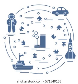 Vector illustration kids toys objects: astronaut, rocket, ship, car, puzzles and other. Design element for postcard, banner, flyer or print. 