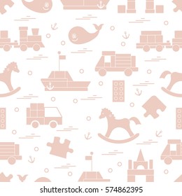 Vector illustration kids toys objects: train, puzzle, designer, boat, car, whale and other. Design element for postcard, banner, flyer, invitations, textiles or print. 