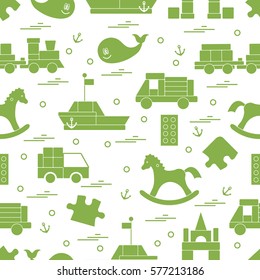Vector illustration kids toys objects: train, puzzle, designer, boat, car, whale and other. Design element for postcard, banner, flyer, invitations, textiles or print. 