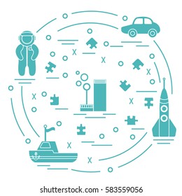Vector illustration kids toys objects: astronaut, rocket, ship, car, puzzles and other. Design element for postcard, banner, flyer or print. 