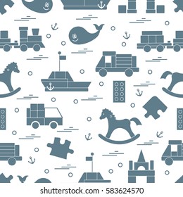 Vector illustration kids toys objects: train, puzzle, designer, boat, car, whale and other. Design element for postcard, banner, flyer, invitations, textiles or print. 