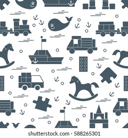 Vector illustration kids toys objects: train, puzzle, designer, boat, car, whale and other. Design element for postcard, banner, flyer, invitations, textiles or print. 