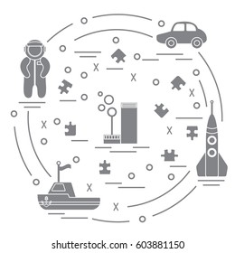 Vector illustration kids toys objects: astronaut, rocket, ship, car, puzzles and other. Design element for postcard, banner, flyer or print. 