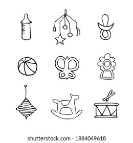 Vector illustration with kids toys, rattle, drum, horse, ball, butterfly, feeding bottle. 