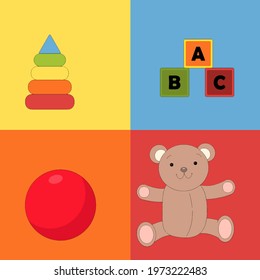 Vector illustration. Kids toys . Teddy bear, pyramid, cubes, ball. Picture for a children's for the development of children.