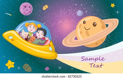 Vector illustration, kids traveling in a spacecraft, card concept.