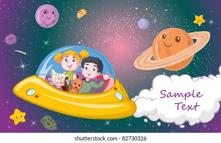 Vector illustration, kids traveling in a spacecraft, card concept.