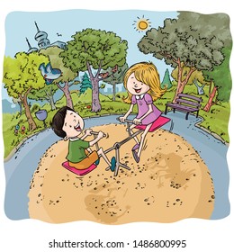 Vector illustration, kids in two seat totter, cartoon concept.