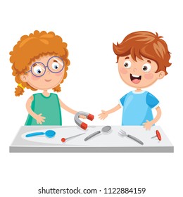 Vector Illustration Of Kids Using Magnet