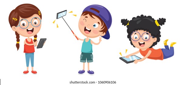 Vector Illustration Of Kids Using Mobile Devices