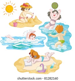 Vector illustration, kids in vacation at seaside, card concept.