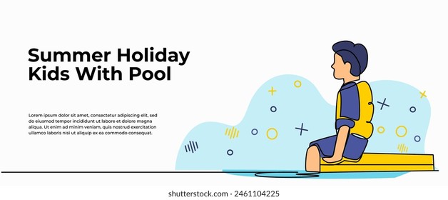Vector illustration of  kids vacation at the swimming pool. Modern flat in continuous line style.