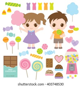 Vector illustration of kids and variety of sweet candies such as lollipops, chocolates, hard candies, gummy bears, cookies, cotton candy.