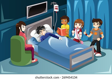 A vector illustration of kids visiting their friend in hospital