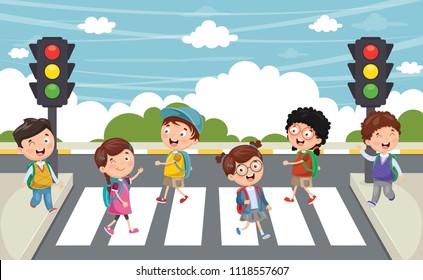 Vector Illustration Of Kids Walking Across Crosswalk