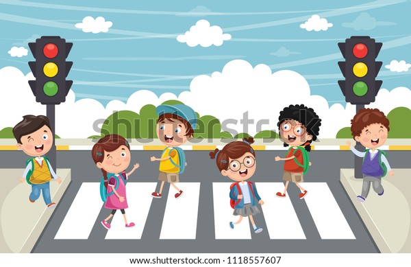 横断歩道を歩く子供のベクターイラスト のベクター画像素材 ロイヤリティフリー