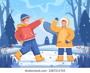 Ilustración vectorial Niños con equipo cálido de invierno, enfréntese en una juguetona pelea de bolas de nieve al aire libre.
La escena irradia risa, amistad y alegría por un día nevado. Perfecto para tarjetas de felicitación, web de animación.