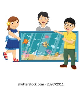 Vector Illustration Of Kids Watching Fishes in an Aquarium