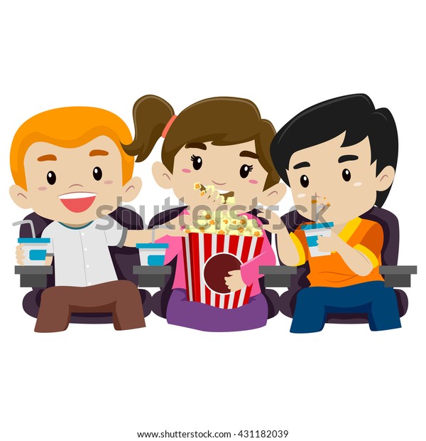 ポップコーンを食べながら映画を見る子どもたちのベクターイラスト のベクター画像素材 ロイヤリティフリー