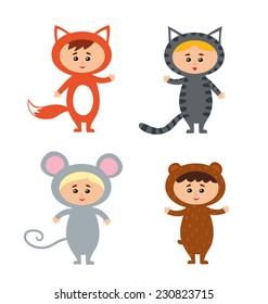 Vector illustration of kids wearing animal costumes: cat, fox, mouse, bear. 