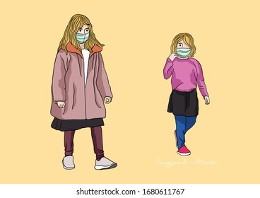 Vector Illustration of Kids wearing Face Mask / Surgical Mask / Medical Mask