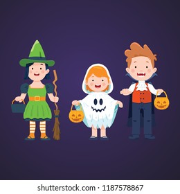 vector illustration of kids wearing Halloween costume as witch, ghost , Halloween kids costume party