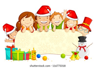 vector illustration of kids wearing Santa cap with snowman and Christmas gift