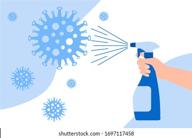 Vector illustration kill the corona virus by using the disinfectant. A hand and a hand spray bottle that contains a disinfectant liquid. Flat design.