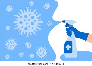 La ilustración vectorial elimina el virus de la corona utilizando el desinfectante. Una mano usa guantes y un frasco de pulverización que contiene un líquido desinfectante. Diseño plano.