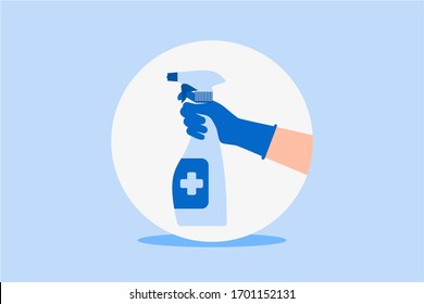 Vector illustration kill the corona virus by using the disinfectant. A hand use gloves and a hand spray bottle that contains a disinfectant liquid. Flat design.