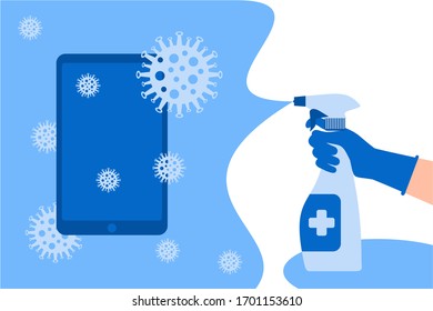 La ilustración del vector mata el virus de la corona en el smartphone utilizando el desinfectante. Una mano usa guantes y un frasco de pulverización que contiene un líquido desinfectante. Diseño plano.