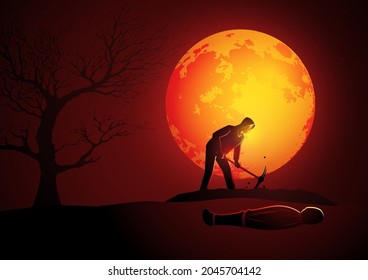 Vector illustration of a killer wearing hoody digging a grave for his victim during full moon, suitable for Halloween or horror theme