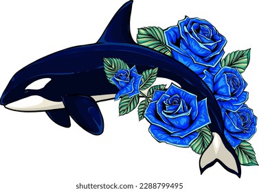 vector illustration of Killer whale with flower on white background. digital draw