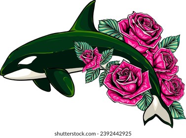 ilustración vectorial de la ballena asesina con flor sobre fondo blanco.