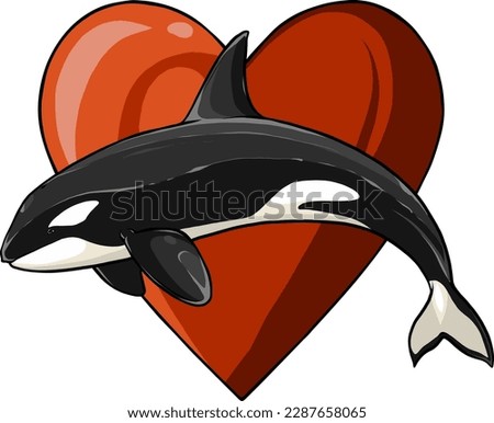 Vector illustration of killer whale with hearts isolated on white background