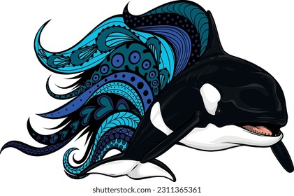 Vector illustration of Killer whale with mandala ornament