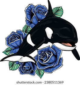 ilustración vectorial de ballena asesina con ilustración vectorial de rosas