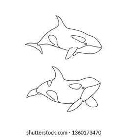 Vector illustration of killer whale set outline. Line art cartoon marine animal Orca