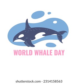 Vector illustration of Killer whale. Side view, profile of swiming, floating marine mammal, against the backdrop of ocean water. Hand drawn design style for World whale day, ocean wildlife concept