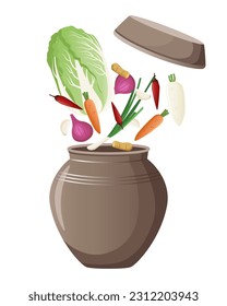 Ilustración vectorial de ingredientes Kimchi con tarro tradicional coreano. Repollo chino, zanahoria, cebolla de primavera, ajo, chile, cebolla, jengibre y rábano blanco.