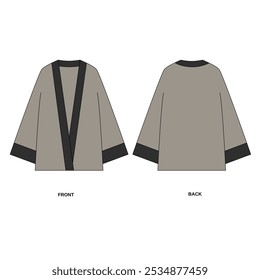 Vector illustration of kimono style jacket front and back view. Template of simple cut shirt with free sleeves , vector. Flat sketch of a loose cut robe with long sleeves.