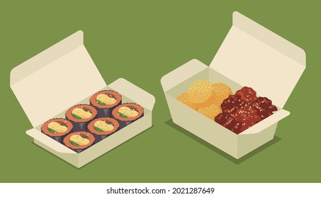 vector illustration of kimpa, cheese ball and yangnyeom chicken in a takeaway container
