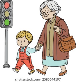 Vector Illustration of a Kind Child Helping an Elderly Woman Cross the Street - Isolated Concept of Generosity and Respect