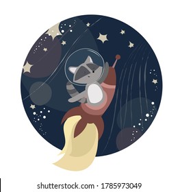 Vector illustration in a kind childish style with a cheerful cute raccoon flying in a rocket in space. Hand drawn print with cartoon character, raccoon, stars and planets. Animal astronaut flies