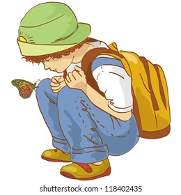 Vector illustration of a kind little boy watching a butterfly with curiosity