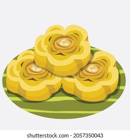 Vector illustration kind of Thai sweetmeat, (Thai Dessert), Thong-ek
 placed on a banana leaf, white background.