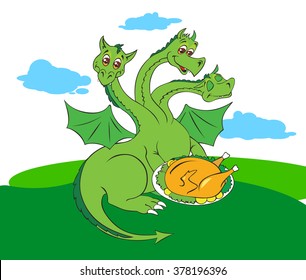 Vector illustration of a kind of three-headed dragon with the fried chicken