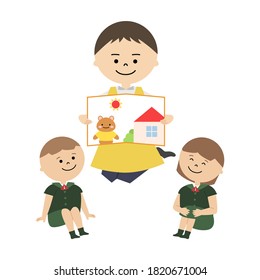 Vector illustration of kindergarten activity. Man reading a picture book and kids listening