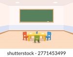 Vector illustration of a kindergarten classroom interior with a green chalkboard, small colorful chairs, and a yellow table with school supplies.